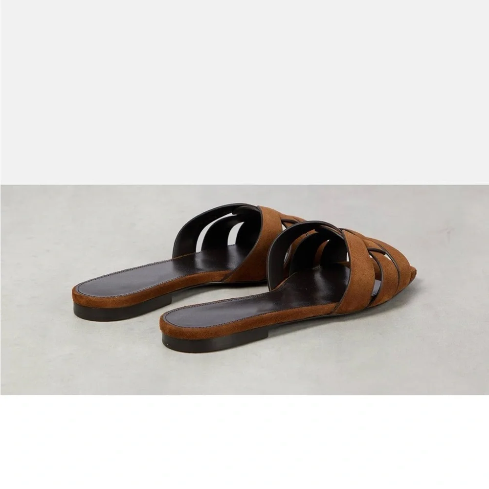 Women's Brown Suede Slide Sandals - Knotted Strap - Picture 4 of 9